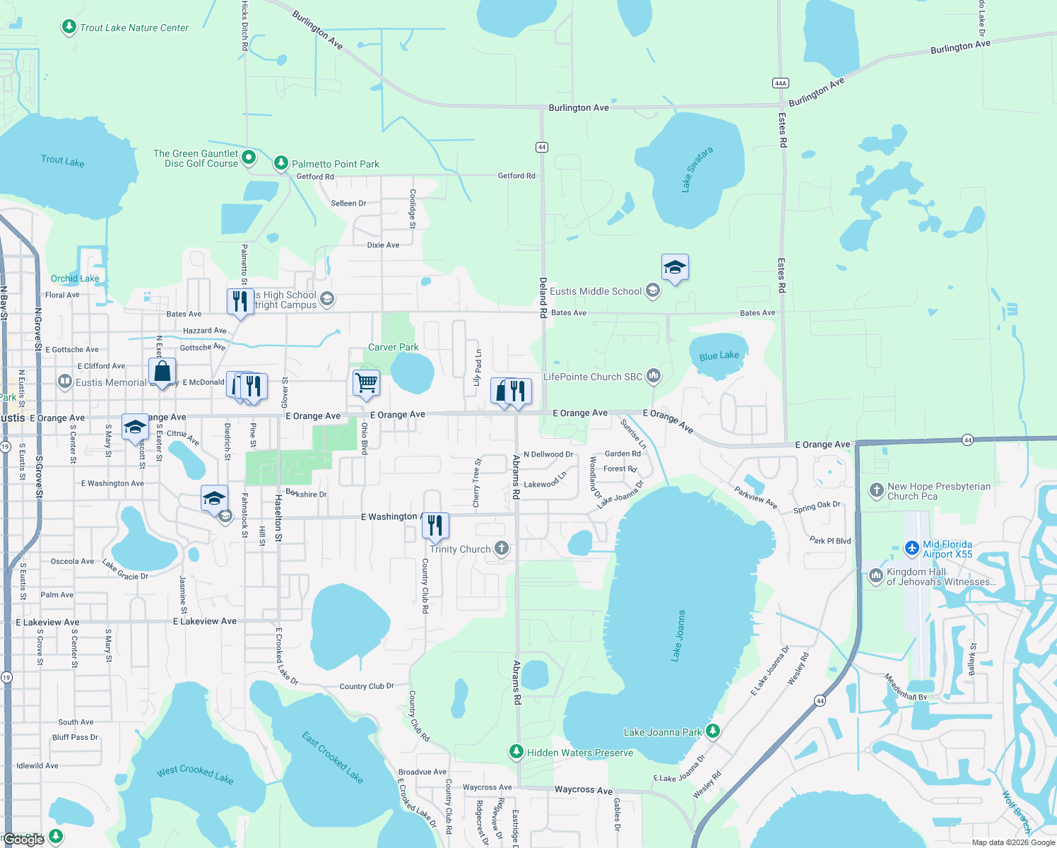 map of restaurants, bars, coffee shops, grocery stores, and more near 2760 County Road 44 in Eustis
