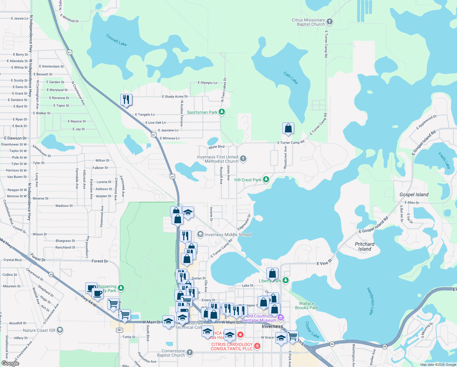 map of restaurants, bars, coffee shops, grocery stores, and more near 1001 Jones Avenue in Inverness