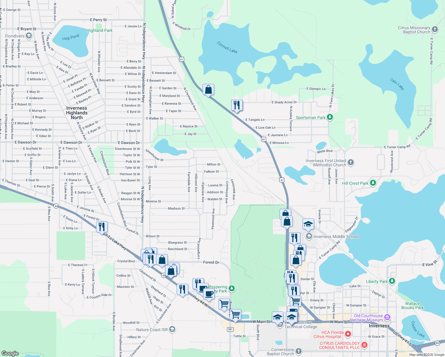 map of restaurants, bars, coffee shops, grocery stores, and more near 1905 Victor Street in Inverness
