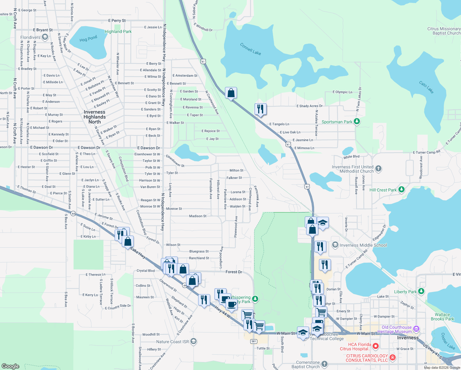 map of restaurants, bars, coffee shops, grocery stores, and more near 2009 Victor Street in Inverness