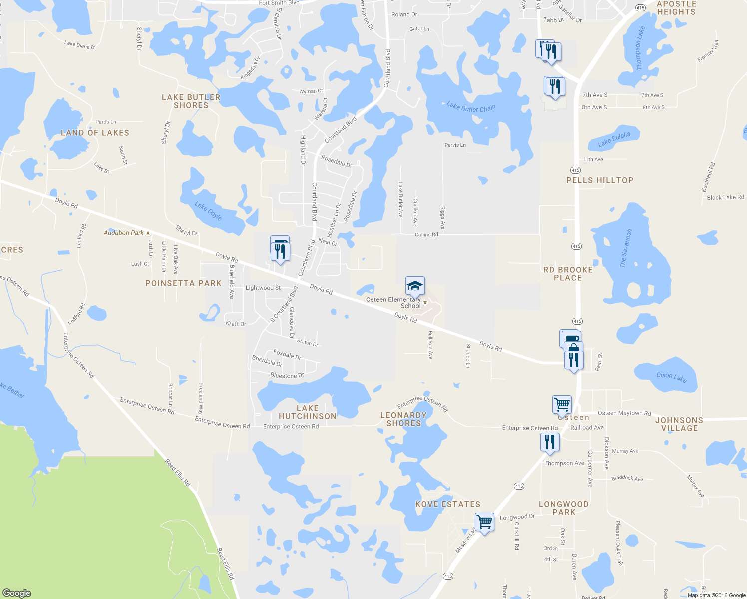 map of restaurants, bars, coffee shops, grocery stores, and more near 524 Doyle Road in Osteen
