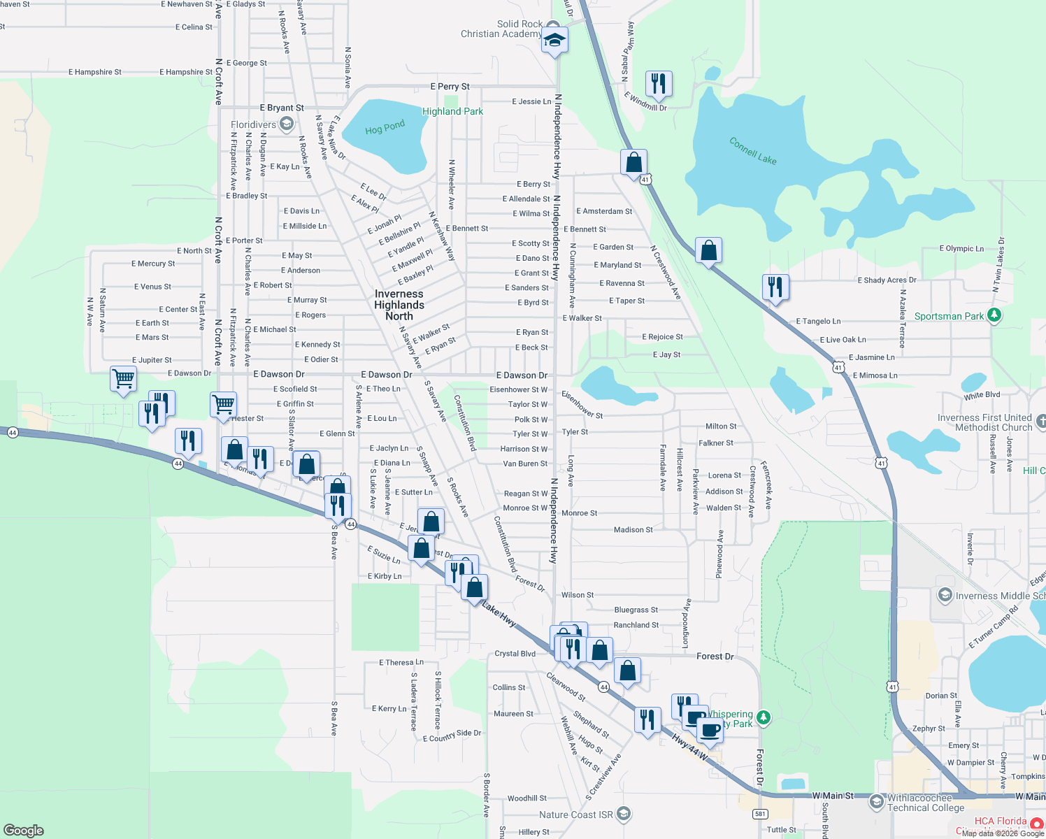 map of restaurants, bars, coffee shops, grocery stores, and more near 2814 Polk Street West in Inverness