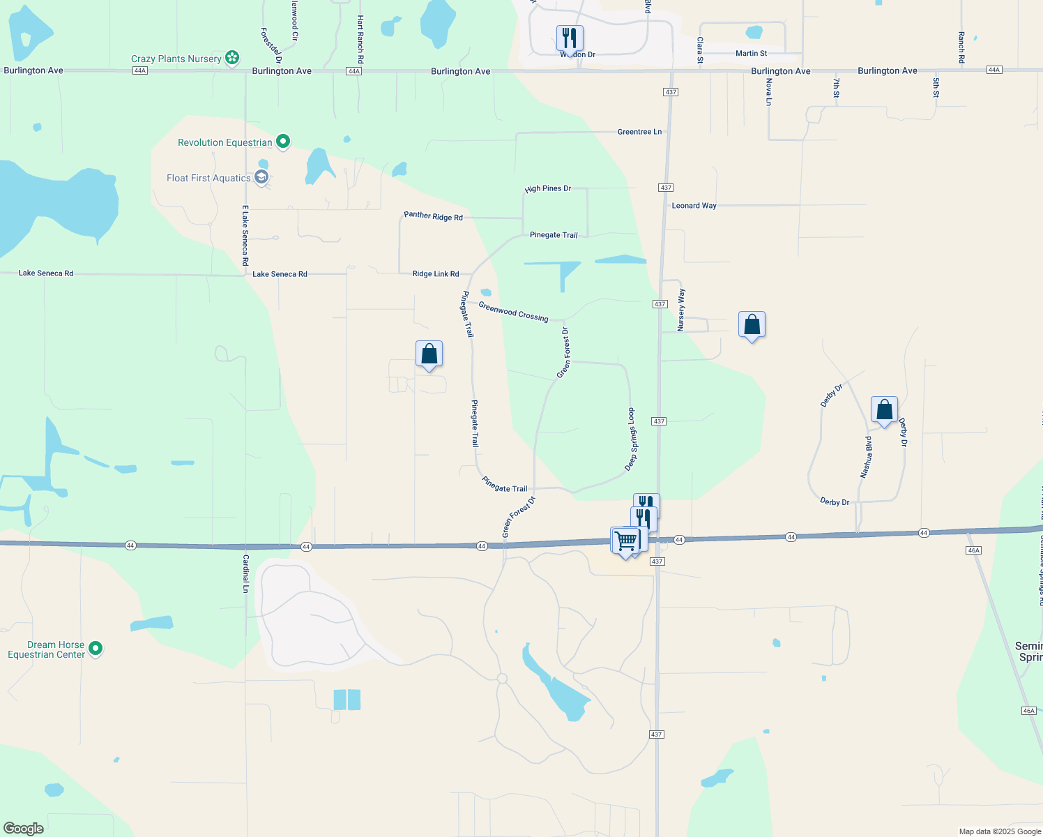 map of restaurants, bars, coffee shops, grocery stores, and more near 35651 Green Forest Drive in Eustis