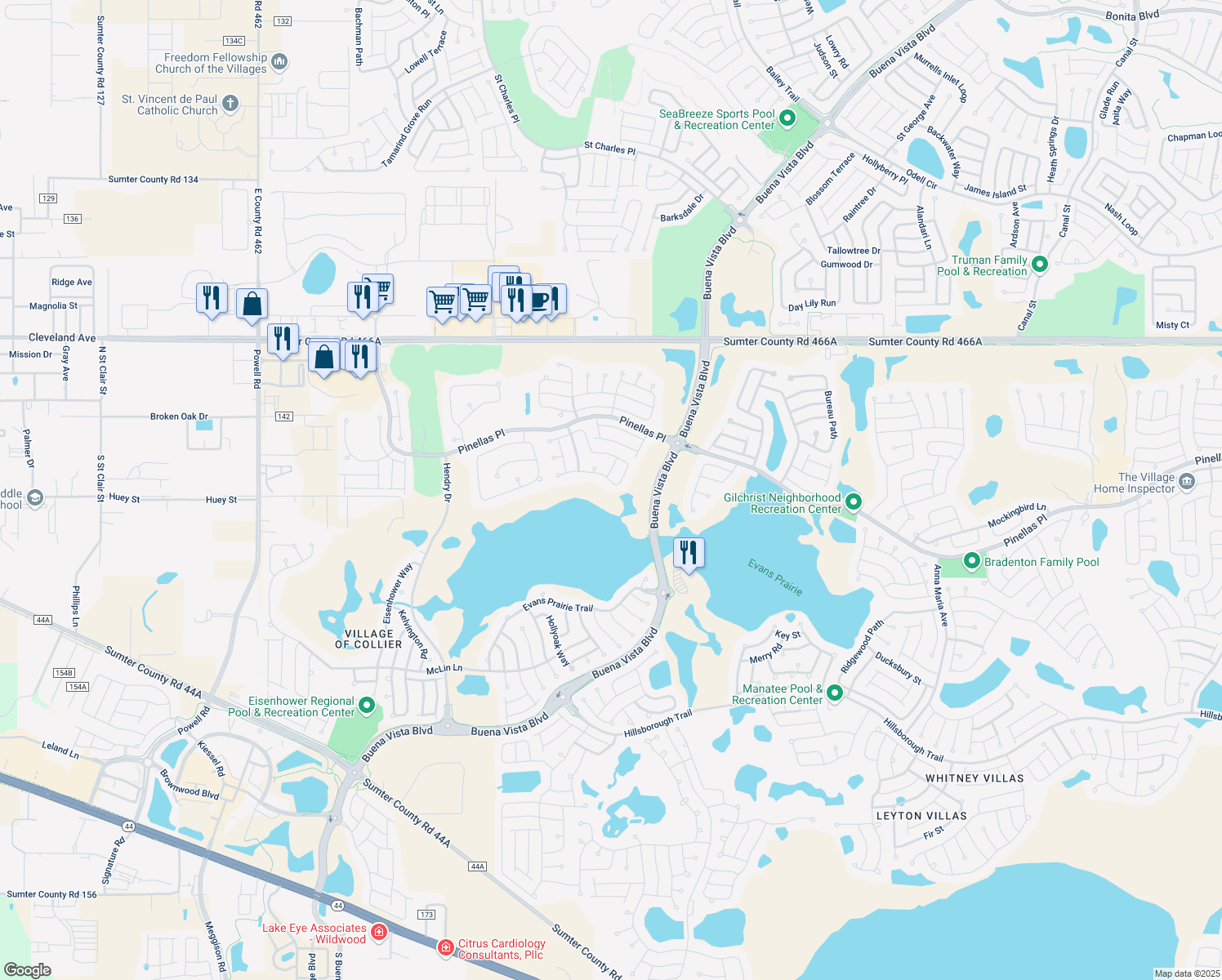 map of restaurants, bars, coffee shops, grocery stores, and more near 1987 Altair Path in The Villages