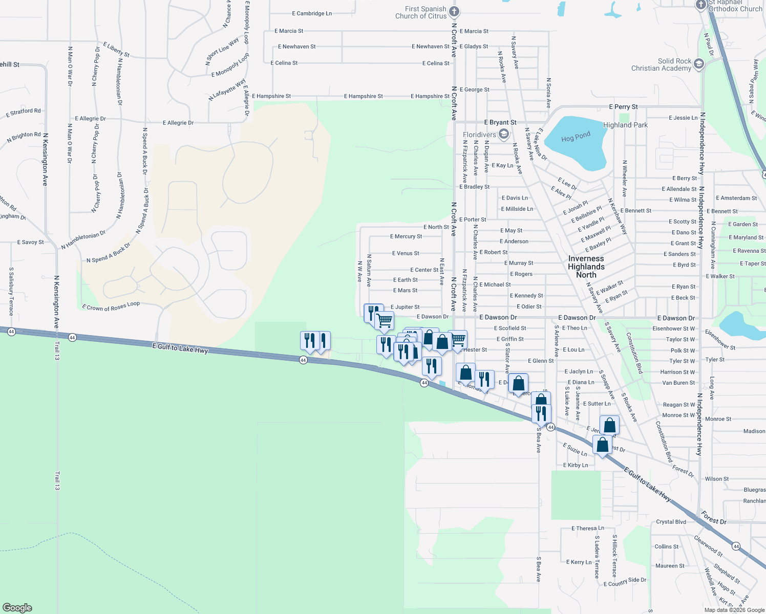map of restaurants, bars, coffee shops, grocery stores, and more near 2543 East Jupiter Street in Inverness