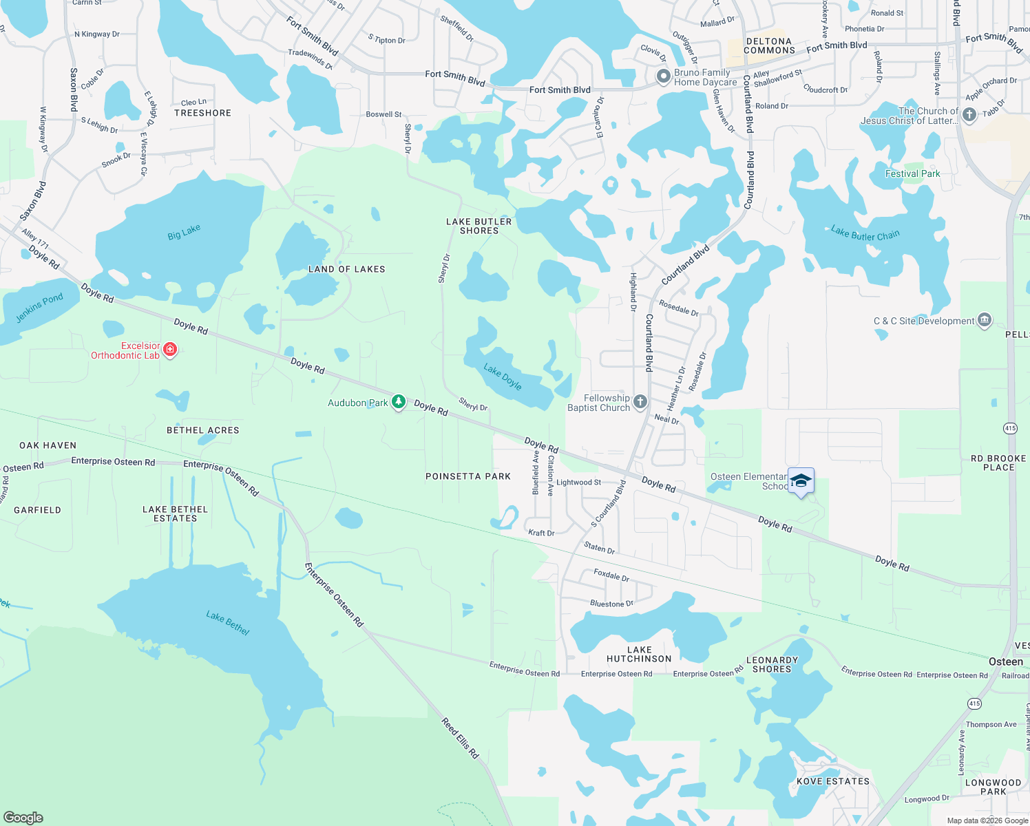 map of restaurants, bars, coffee shops, grocery stores, and more near 2640 Doyle Road in Deltona
