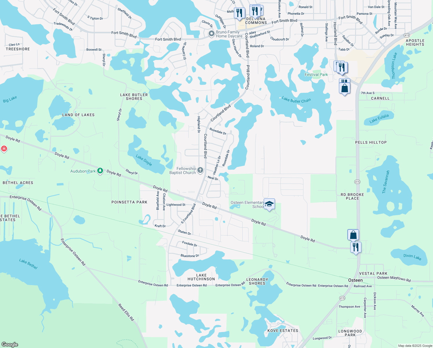 map of restaurants, bars, coffee shops, grocery stores, and more near 119 Heather Lane Drive in Deltona