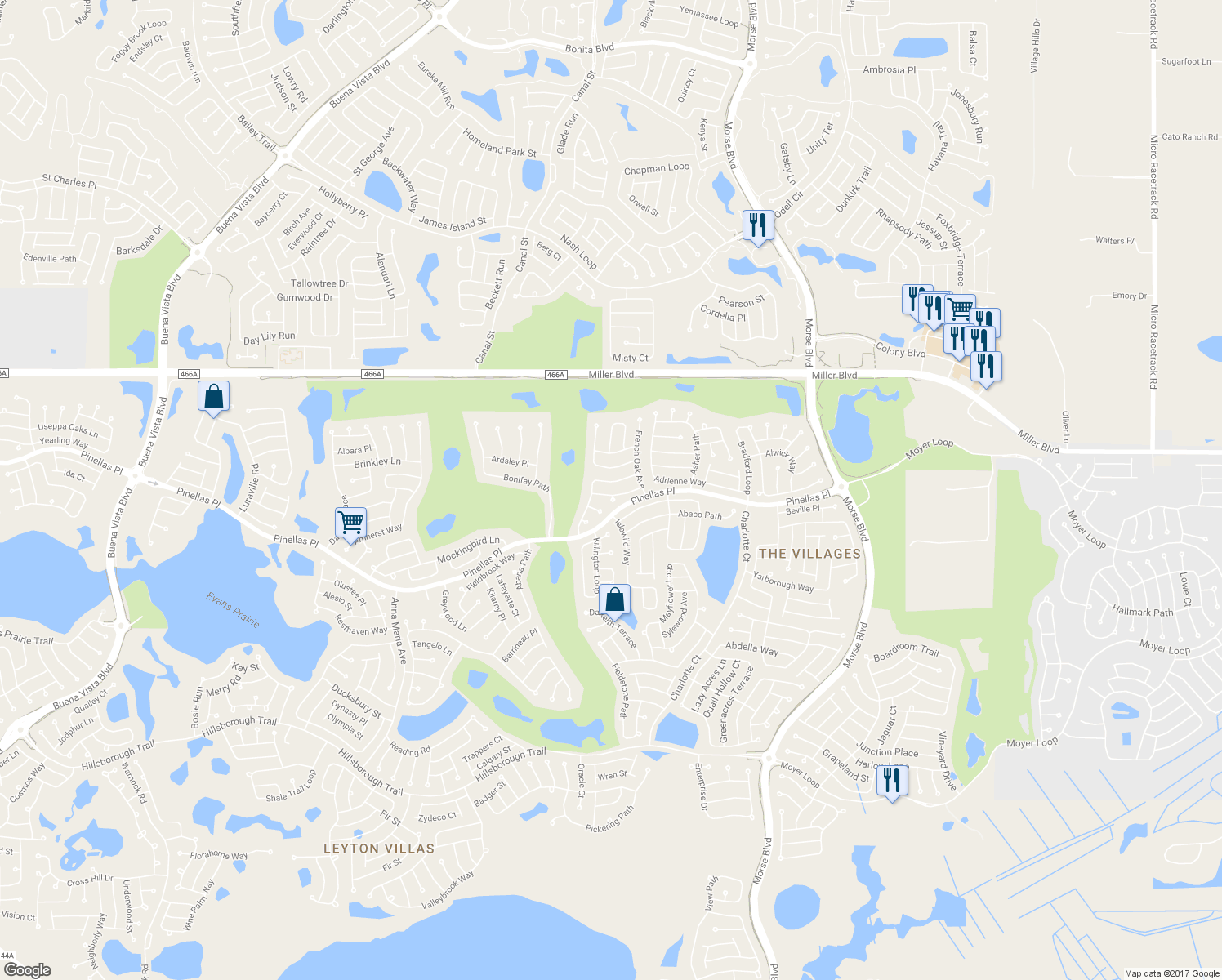 map of restaurants, bars, coffee shops, grocery stores, and more near 943 Vanilla Leaf Place in The Villages