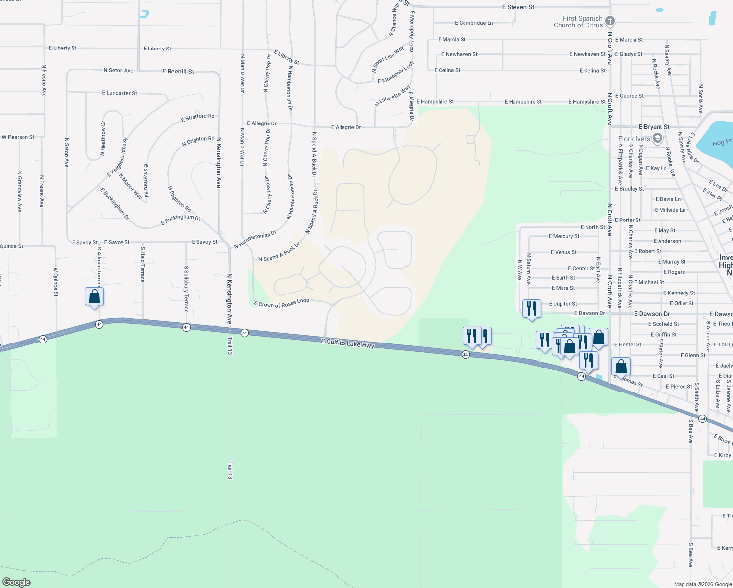 map of restaurants, bars, coffee shops, grocery stores, and more near 1890 East Gate Dancer Circle in Inverness