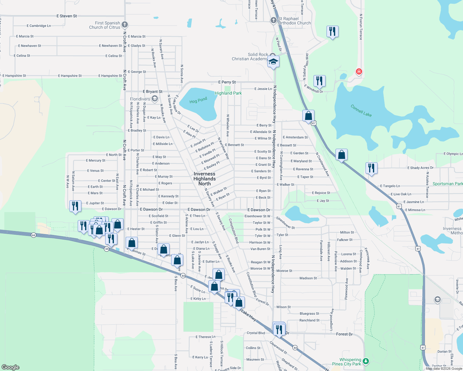 map of restaurants, bars, coffee shops, grocery stores, and more near 3812 East Walker Street in Inverness