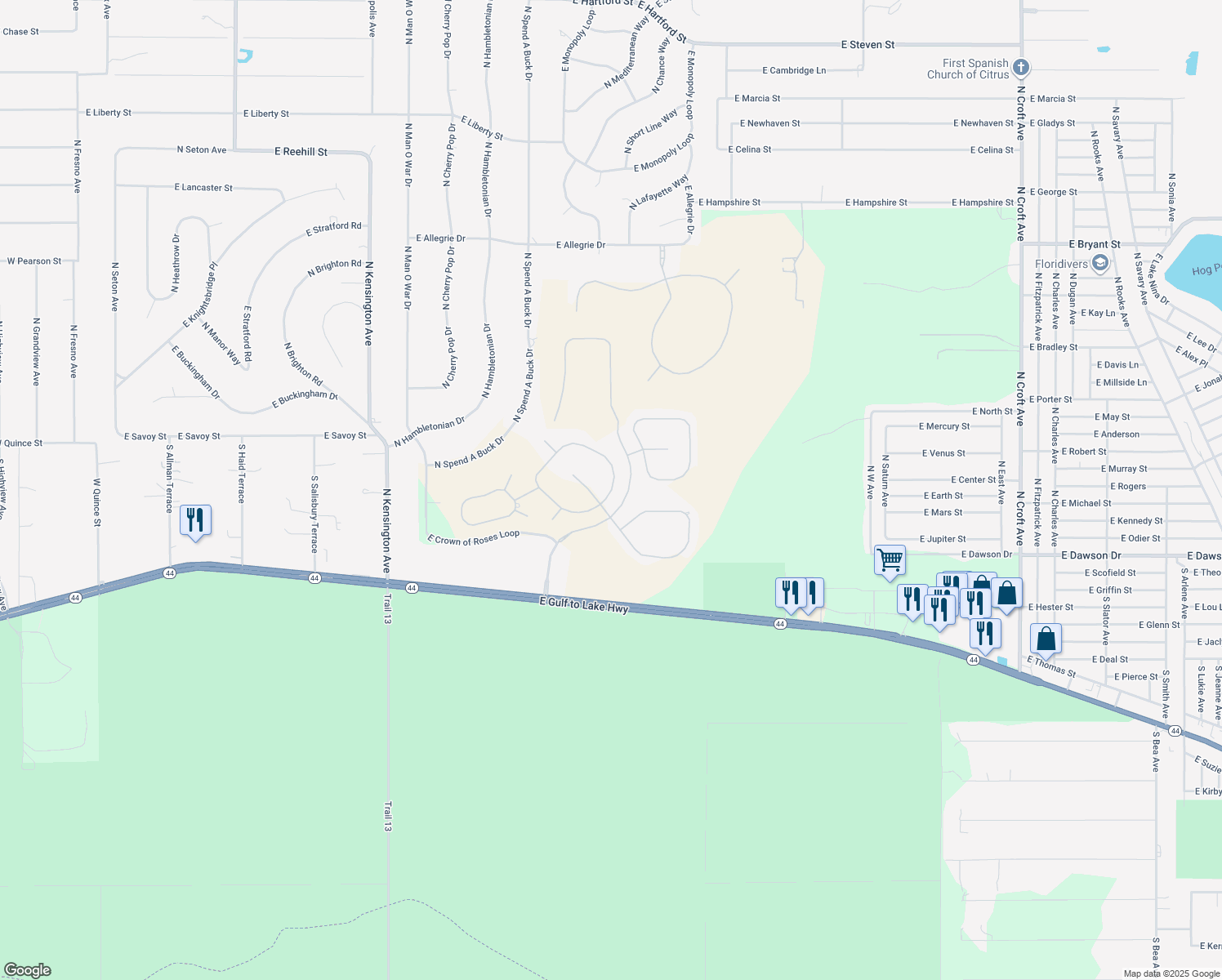 map of restaurants, bars, coffee shops, grocery stores, and more near 1575 East Seattle Slew Circle in Inverness