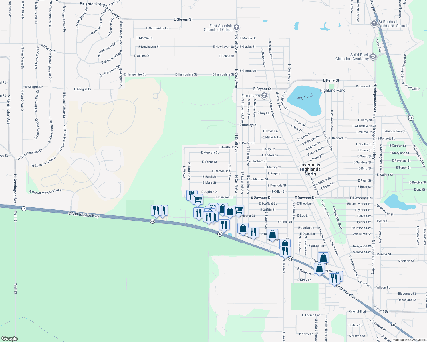 map of restaurants, bars, coffee shops, grocery stores, and more near 2691 East Center Street in Inverness
