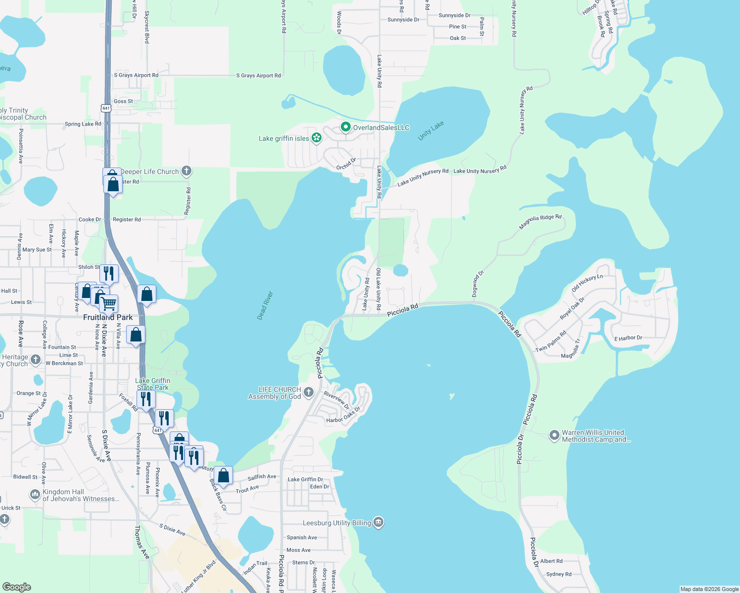 map of restaurants, bars, coffee shops, grocery stores, and more near 35322 Lake Unity Road in Fruitland Park