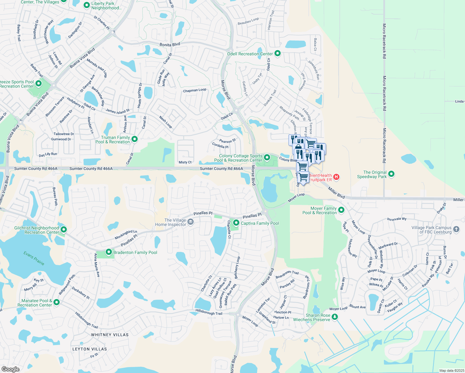 map of restaurants, bars, coffee shops, grocery stores, and more near 693 Bradford Loop in The Villages