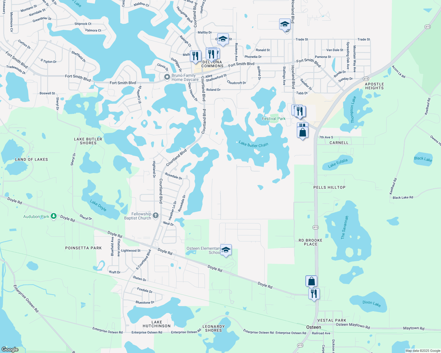 map of restaurants, bars, coffee shops, grocery stores, and more near 692 Riggs Avenue in Osteen