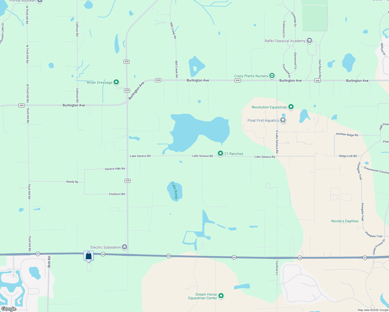 map of restaurants, bars, coffee shops, grocery stores, and more near 22151 Lake Seneca Road in Eustis