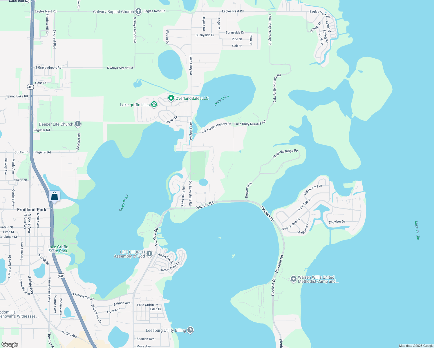 map of restaurants, bars, coffee shops, grocery stores, and more near 4351 Emmaus Road in Fruitland Park