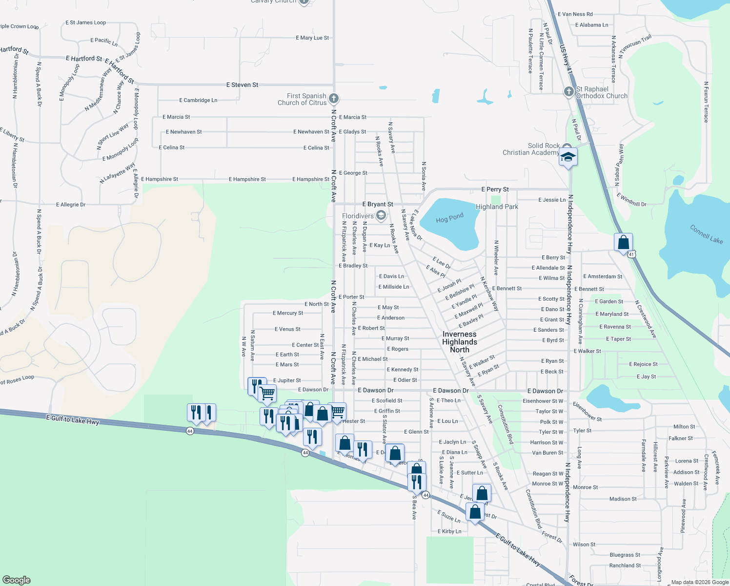 map of restaurants, bars, coffee shops, grocery stores, and more near 217 North Dugan Avenue in Inverness