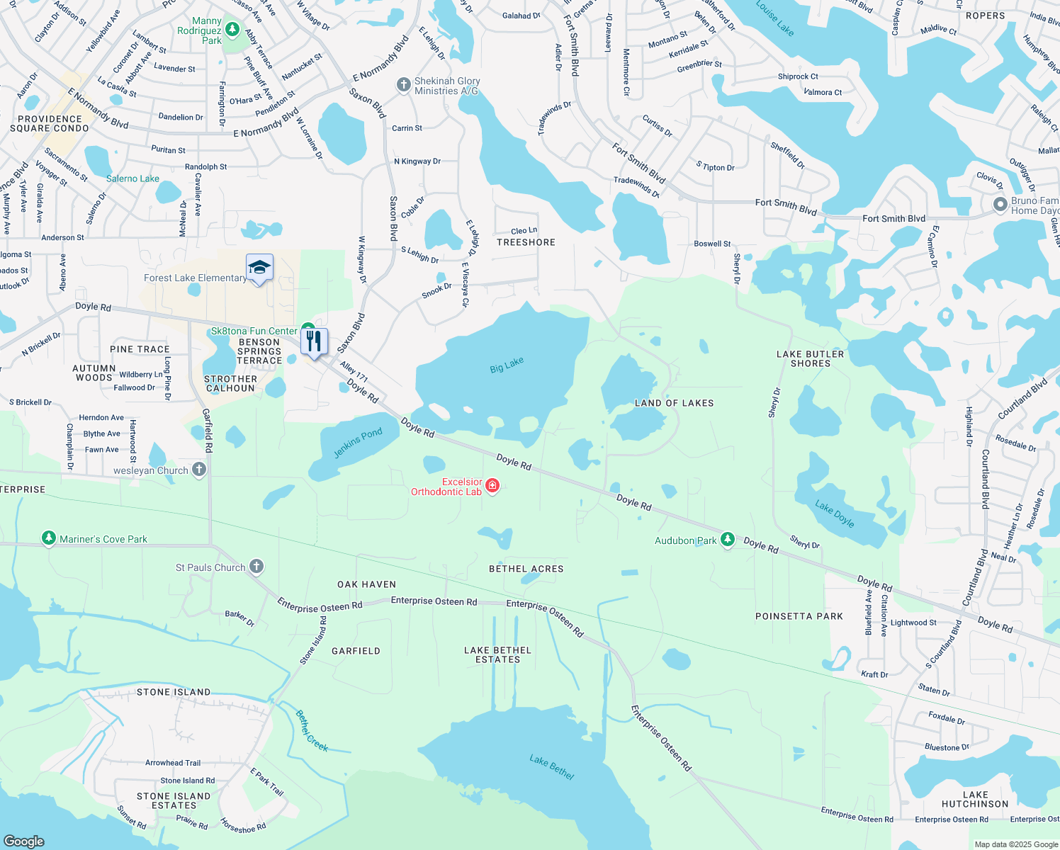map of restaurants, bars, coffee shops, grocery stores, and more near 170 Big Lake Drive in Deltona