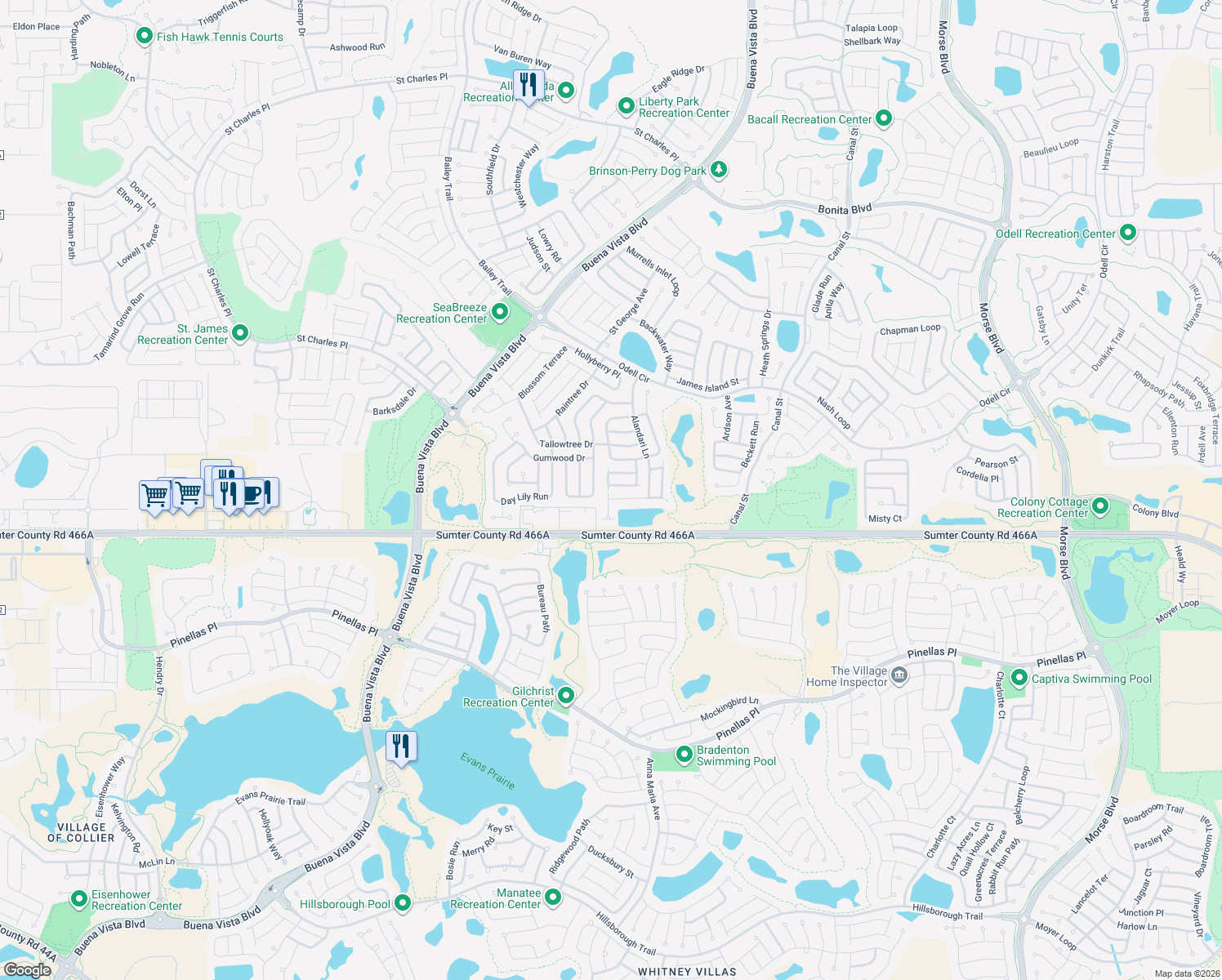 map of restaurants, bars, coffee shops, grocery stores, and more near 1432 Fairway Street in The Villages