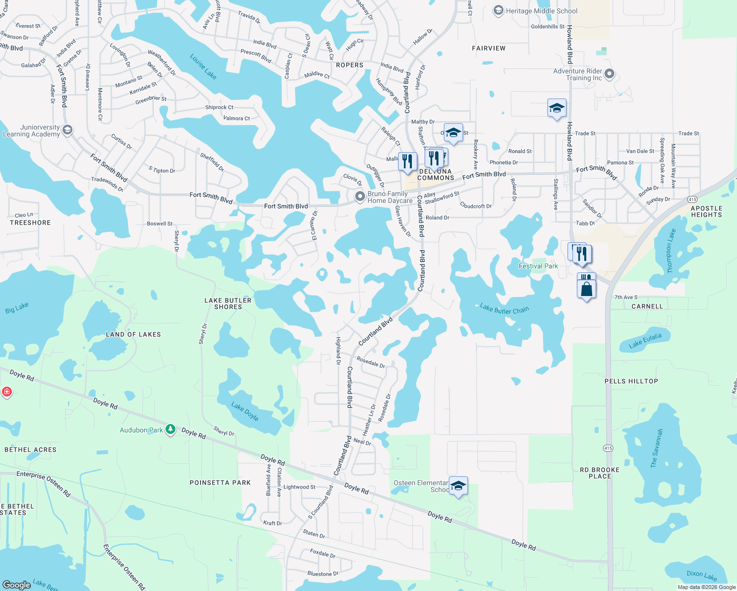 map of restaurants, bars, coffee shops, grocery stores, and more near 2939 Wyman Court in Deltona