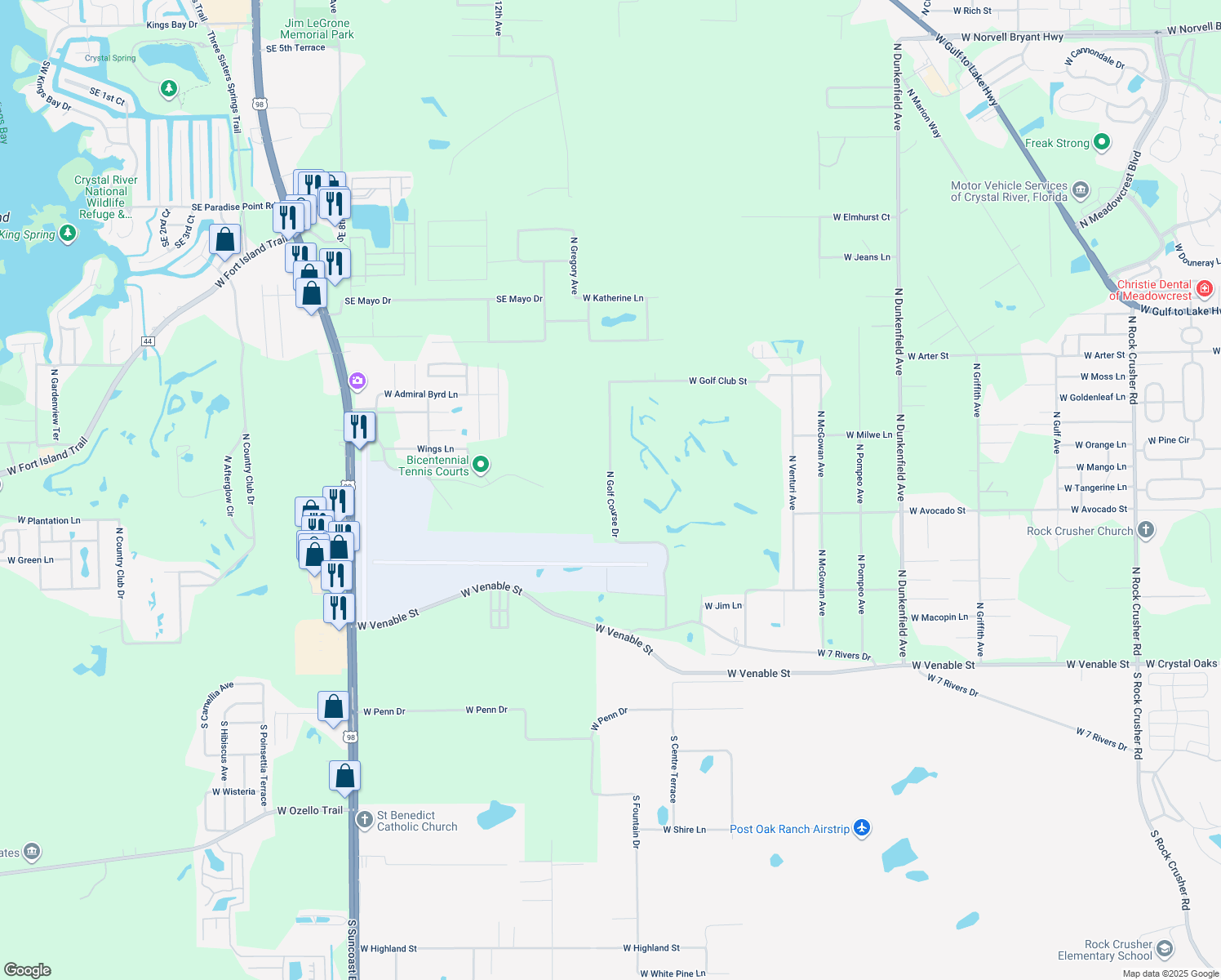 map of restaurants, bars, coffee shops, grocery stores, and more near 533 North Golf Course Drive in Crystal River