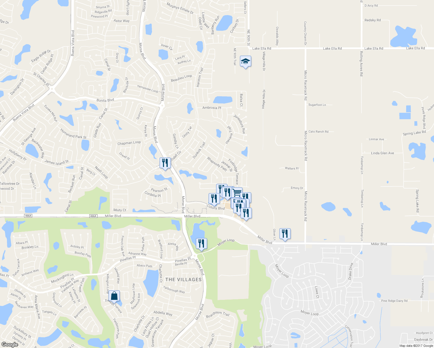 map of restaurants, bars, coffee shops, grocery stores, and more near 2580 Bostic Ln in The Villages