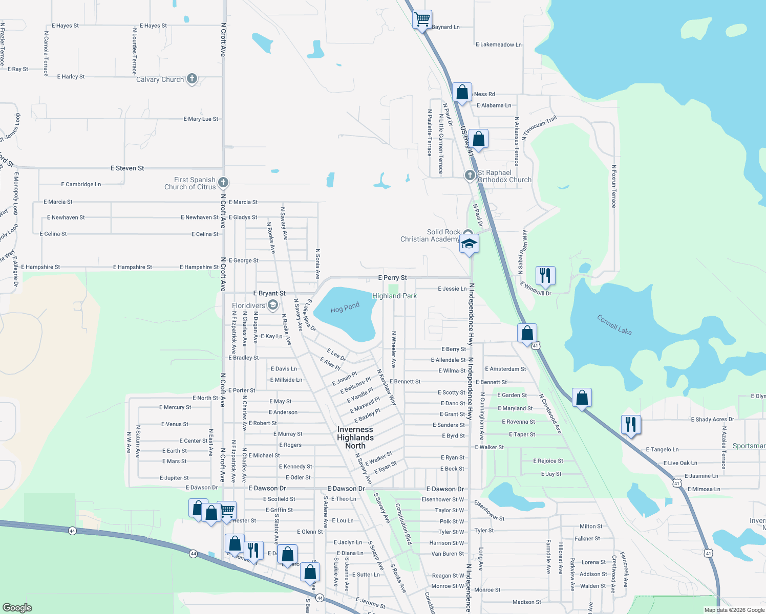 map of restaurants, bars, coffee shops, grocery stores, and more near 630 North Woodlake Avenue in Inverness
