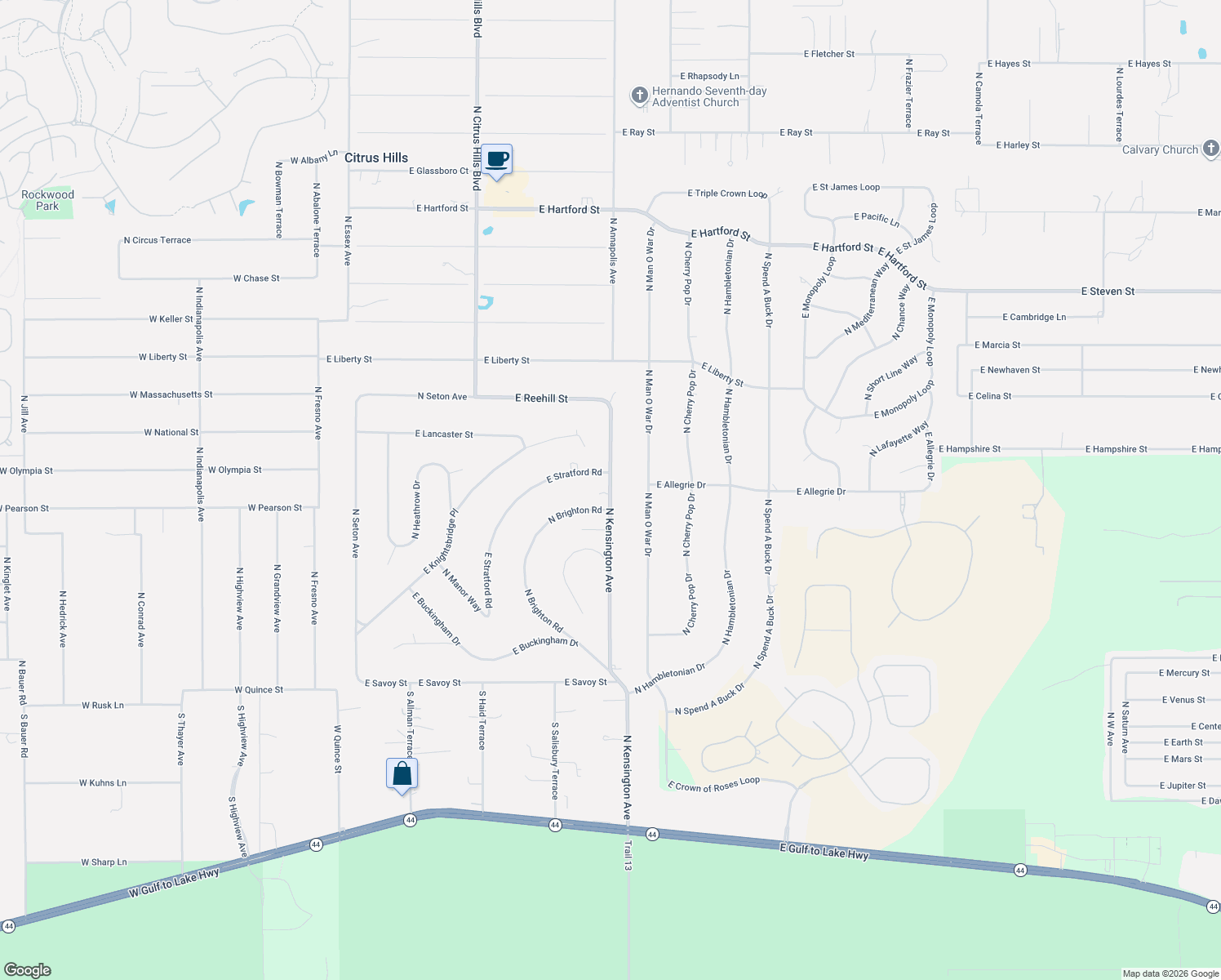 map of restaurants, bars, coffee shops, grocery stores, and more near 363 North Kensington Avenue in Lecanto