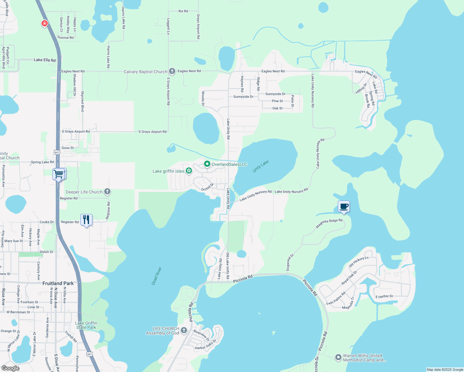 map of restaurants, bars, coffee shops, grocery stores, and more near 36024 Lake Unity Road in Fruitland Park