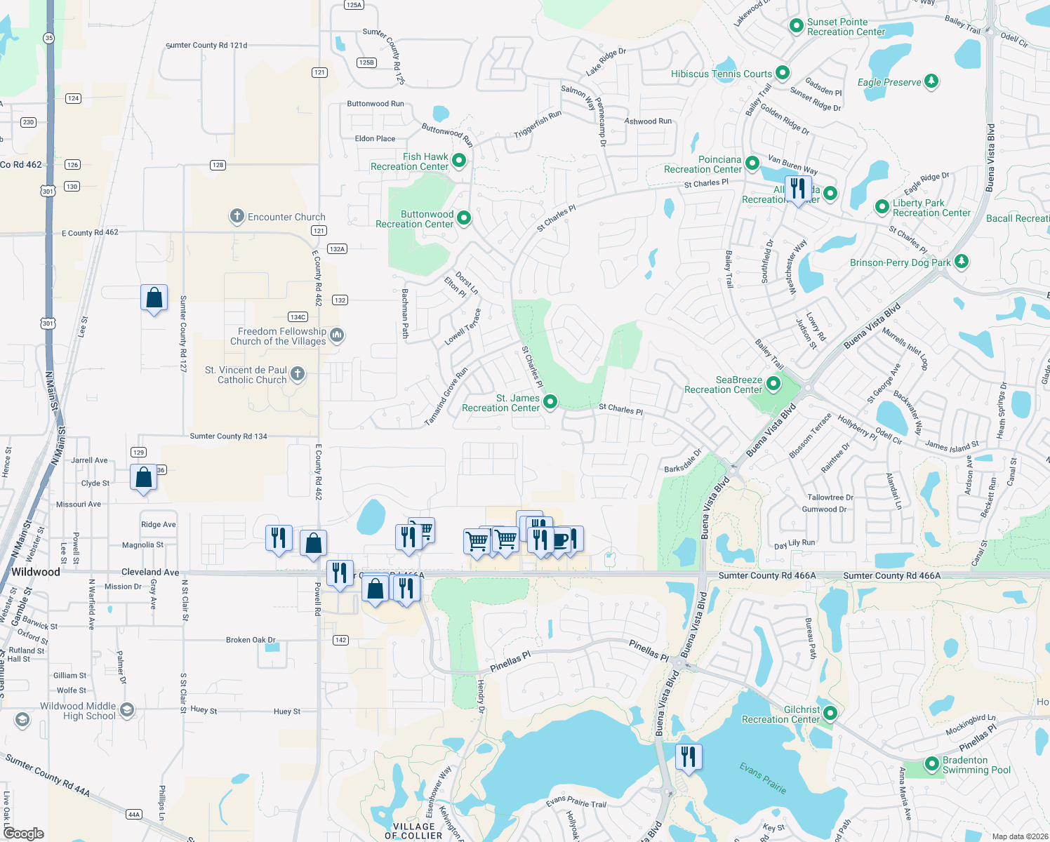 map of restaurants, bars, coffee shops, grocery stores, and more near 2192 Quinn Lane in The Villages