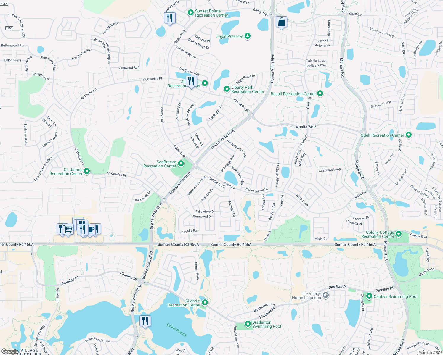 map of restaurants, bars, coffee shops, grocery stores, and more near 1424 Privateer Way in The Villages