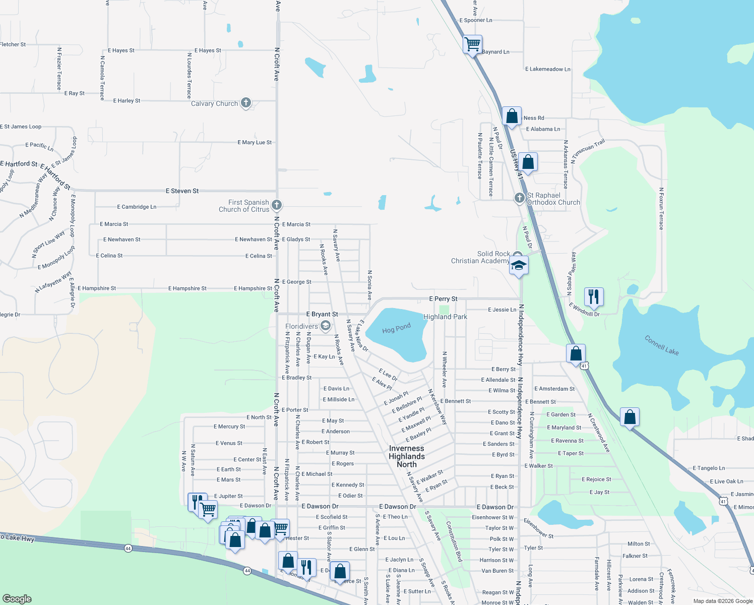 map of restaurants, bars, coffee shops, grocery stores, and more near 3426 East Perry Street in Inverness