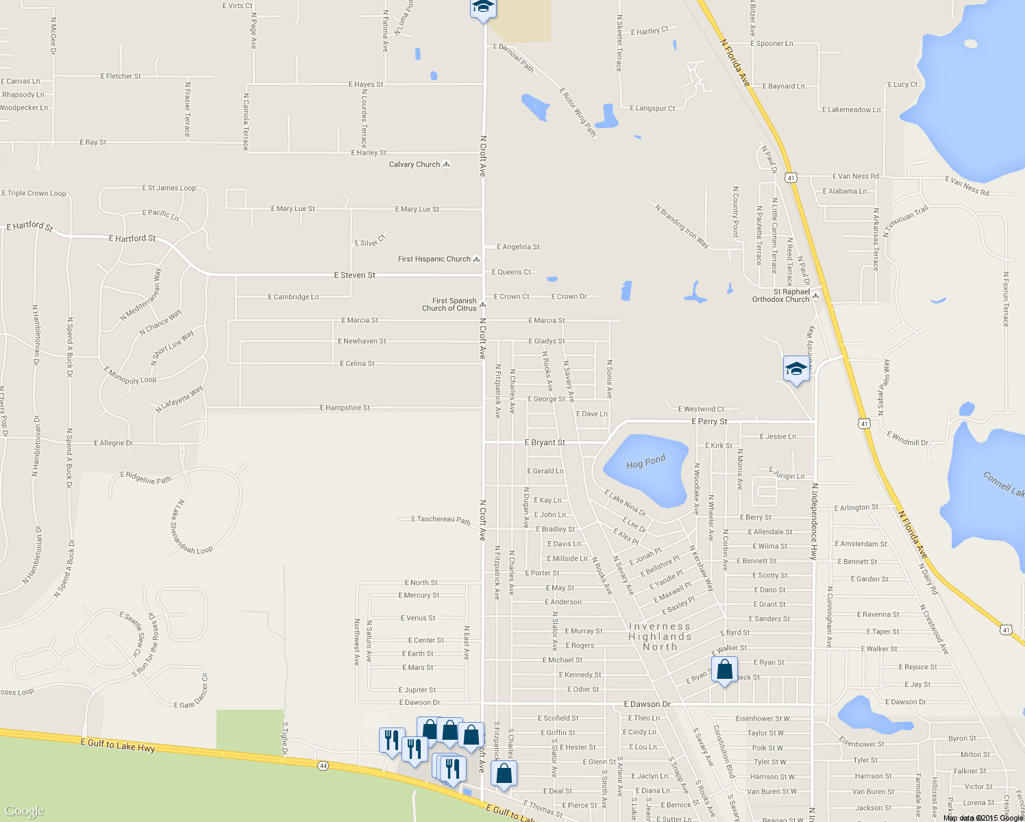 map of restaurants, bars, coffee shops, grocery stores, and more near 788 North Charles Avenue in Inverness