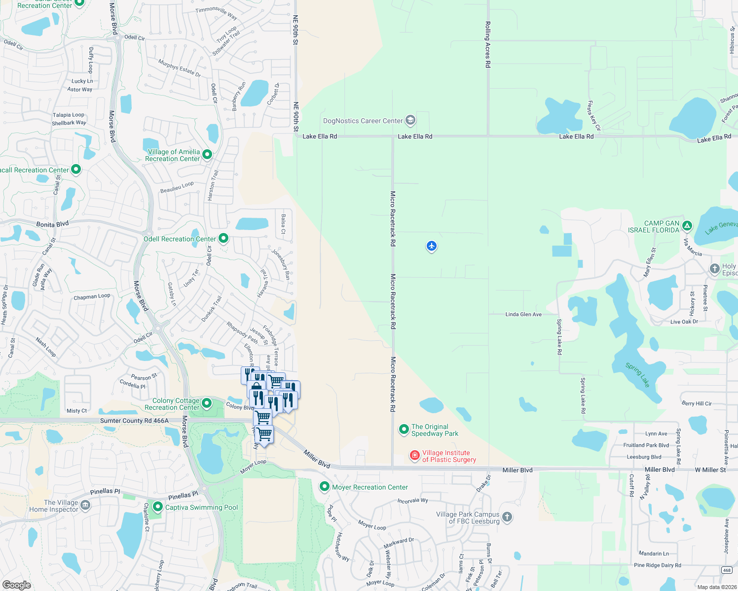 map of restaurants, bars, coffee shops, grocery stores, and more near 36131 Micro Racetrack Road in Fruitland Park