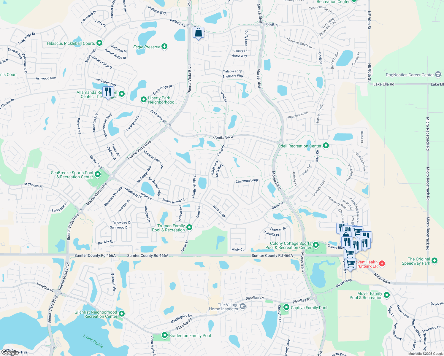 map of restaurants, bars, coffee shops, grocery stores, and more near 2388 Longbow Trail in The Villages