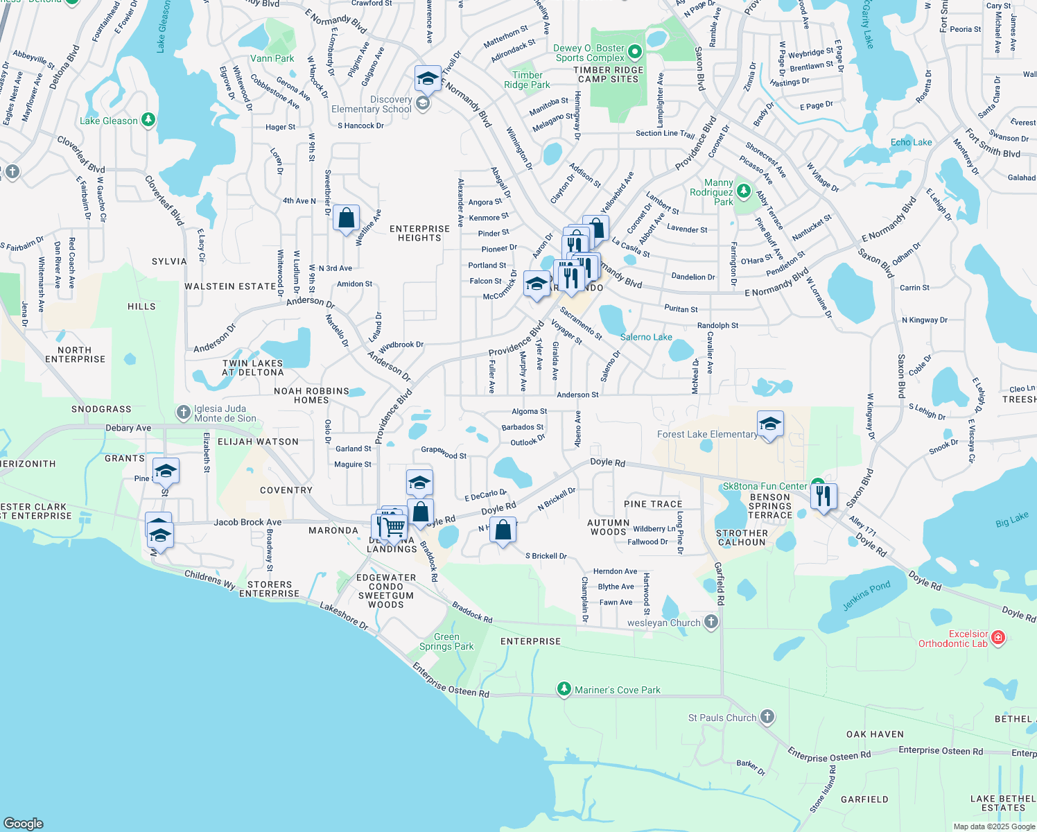 map of restaurants, bars, coffee shops, grocery stores, and more near 1121 Algoma Street in Deltona