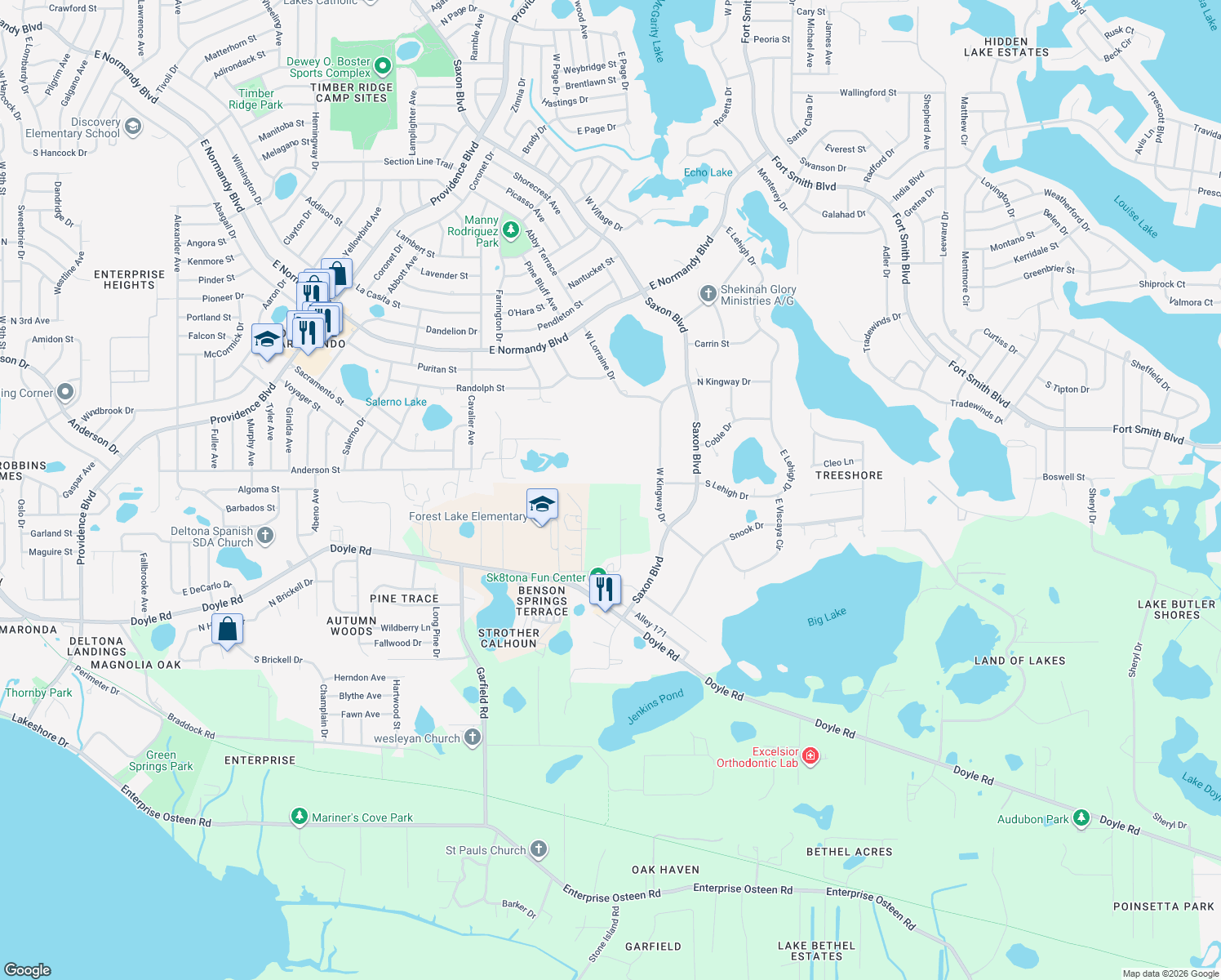 map of restaurants, bars, coffee shops, grocery stores, and more near 490 Hidden Ridge Drive in Deltona