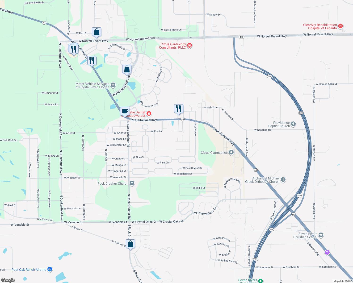 map of restaurants, bars, coffee shops, grocery stores, and more near 5742 West Kettle Lane in Crystal River