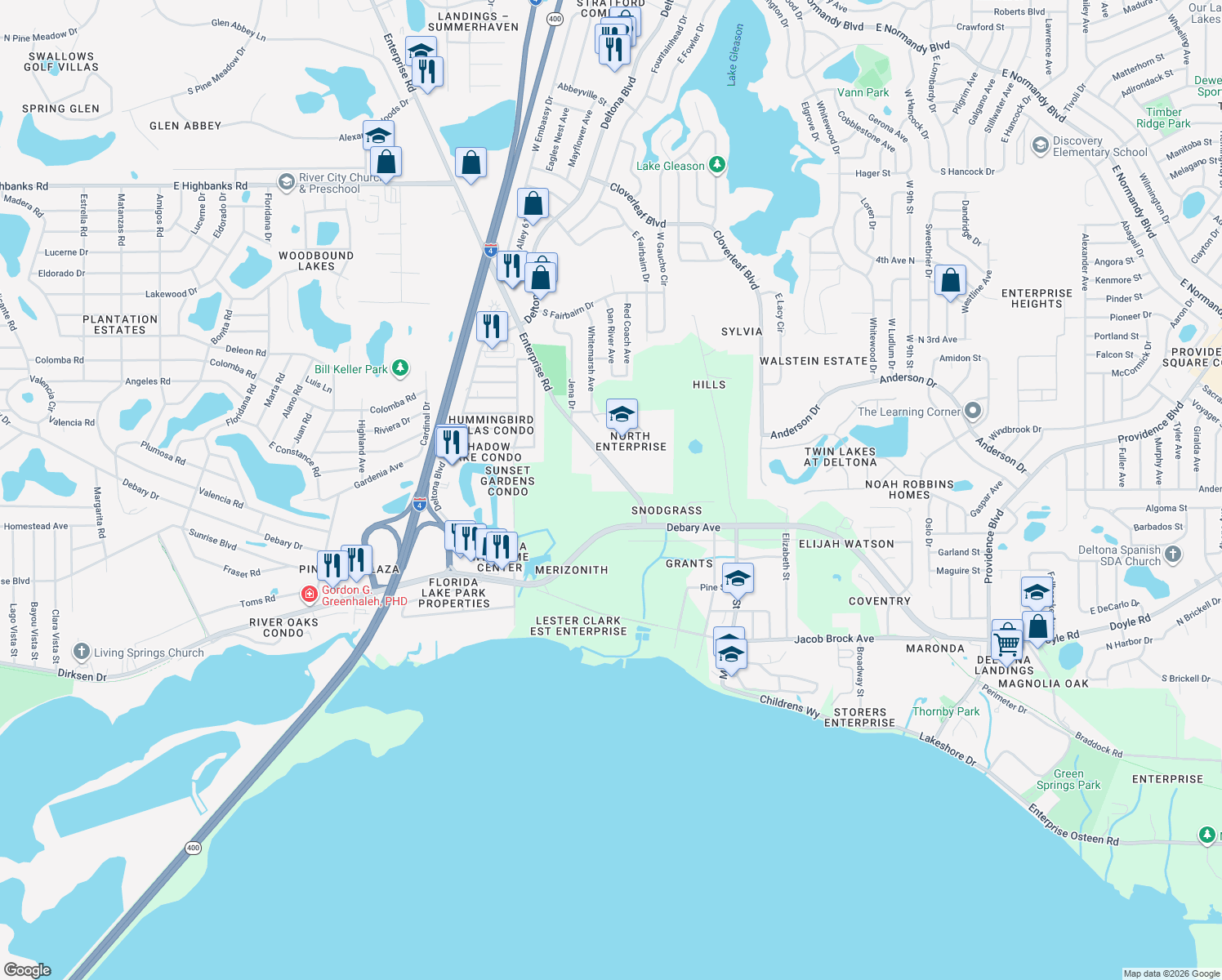 map of restaurants, bars, coffee shops, grocery stores, and more near 502 Enterprise Road in Deltona