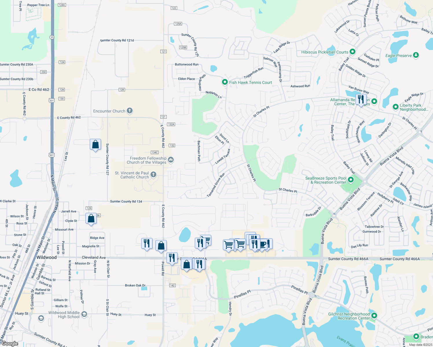 map of restaurants, bars, coffee shops, grocery stores, and more near 2350 Grenadier Way in The Villages
