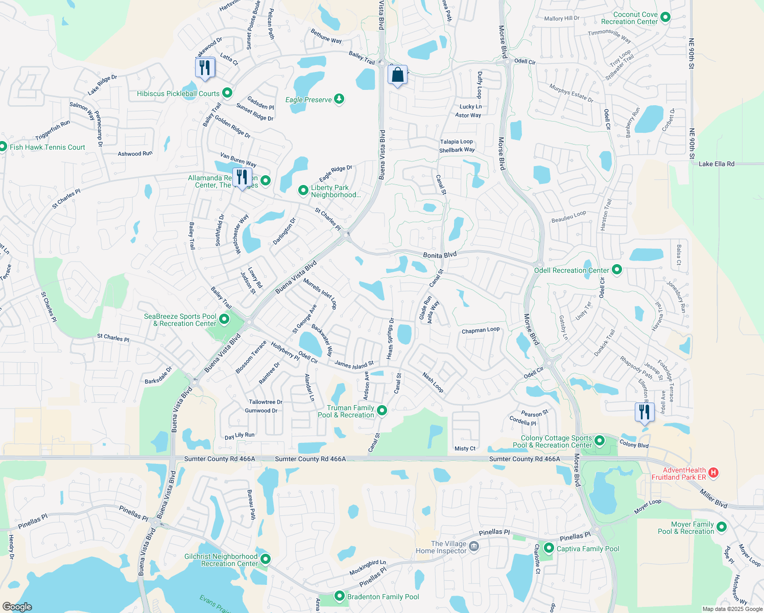 map of restaurants, bars, coffee shops, grocery stores, and more near 1161 Eureka Mill Run in The Villages