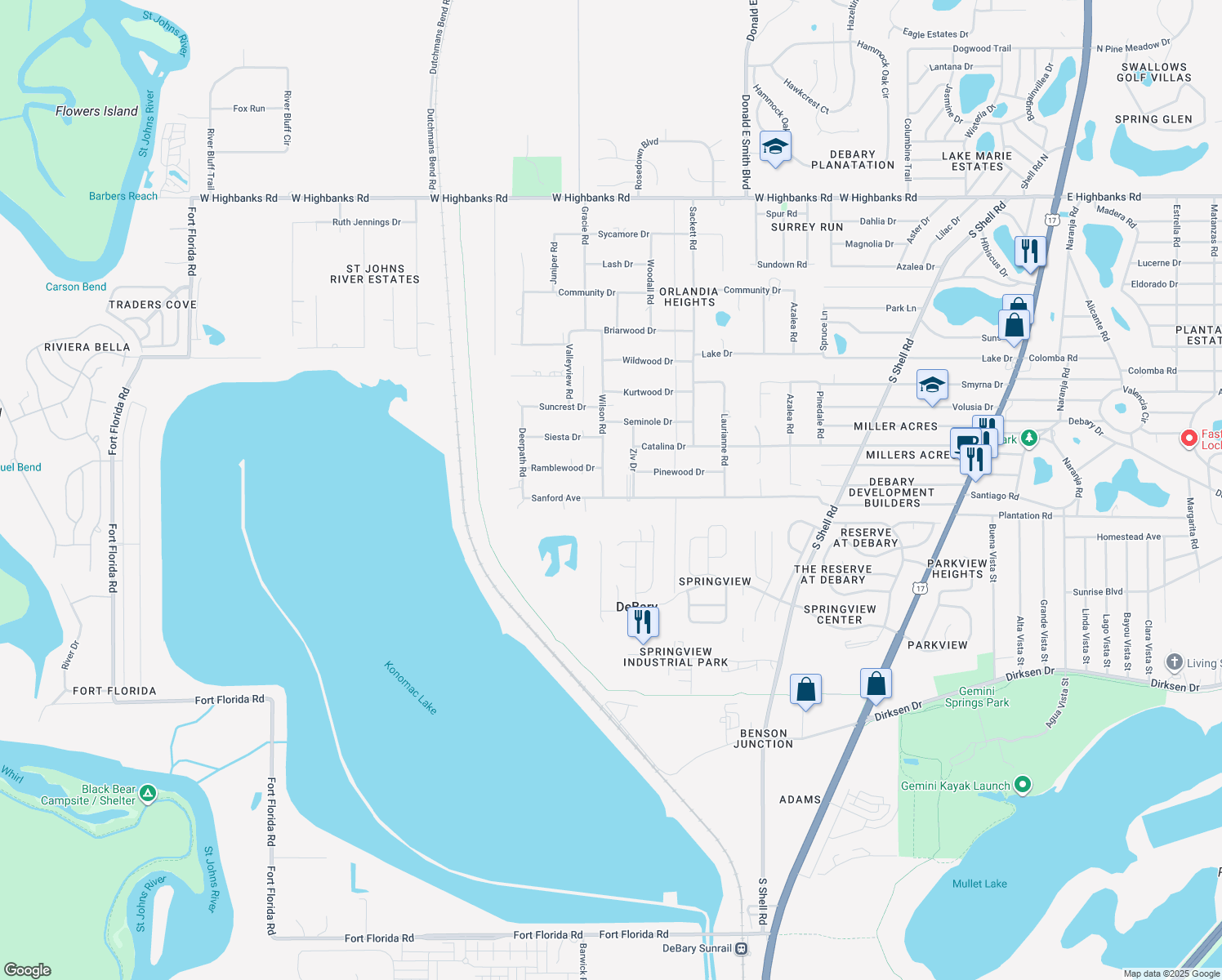 map of restaurants, bars, coffee shops, grocery stores, and more near 159 Wilson Road in DeBary
