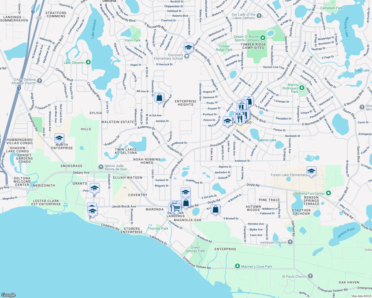 map of restaurants, bars, coffee shops, grocery stores, and more near 531 Geneva Avenue in Deltona