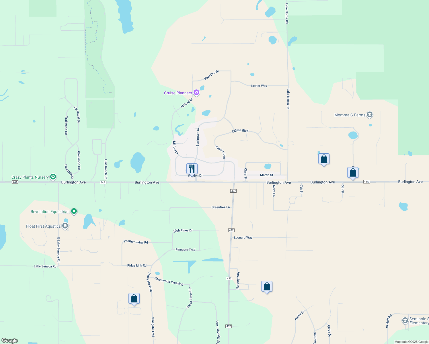 map of restaurants, bars, coffee shops, grocery stores, and more near 24239 Weldon Drive in Eustis