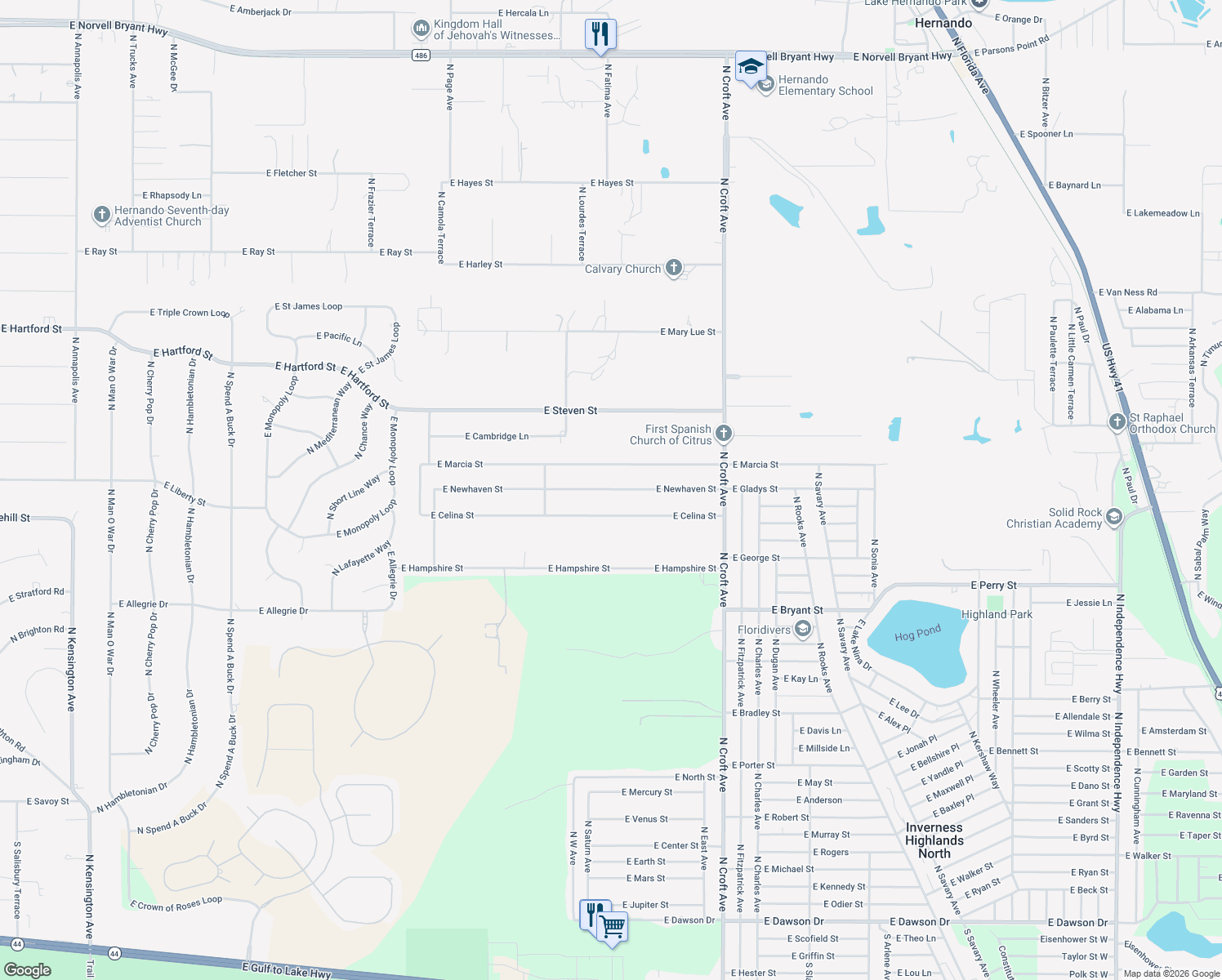 map of restaurants, bars, coffee shops, grocery stores, and more near 2542 East Newhaven Street in Inverness