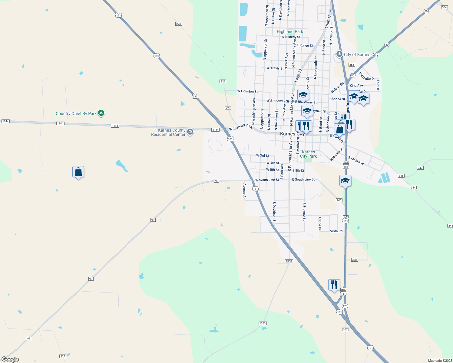 map of restaurants, bars, coffee shops, grocery stores, and more near 769 West South Line Street in Karnes City