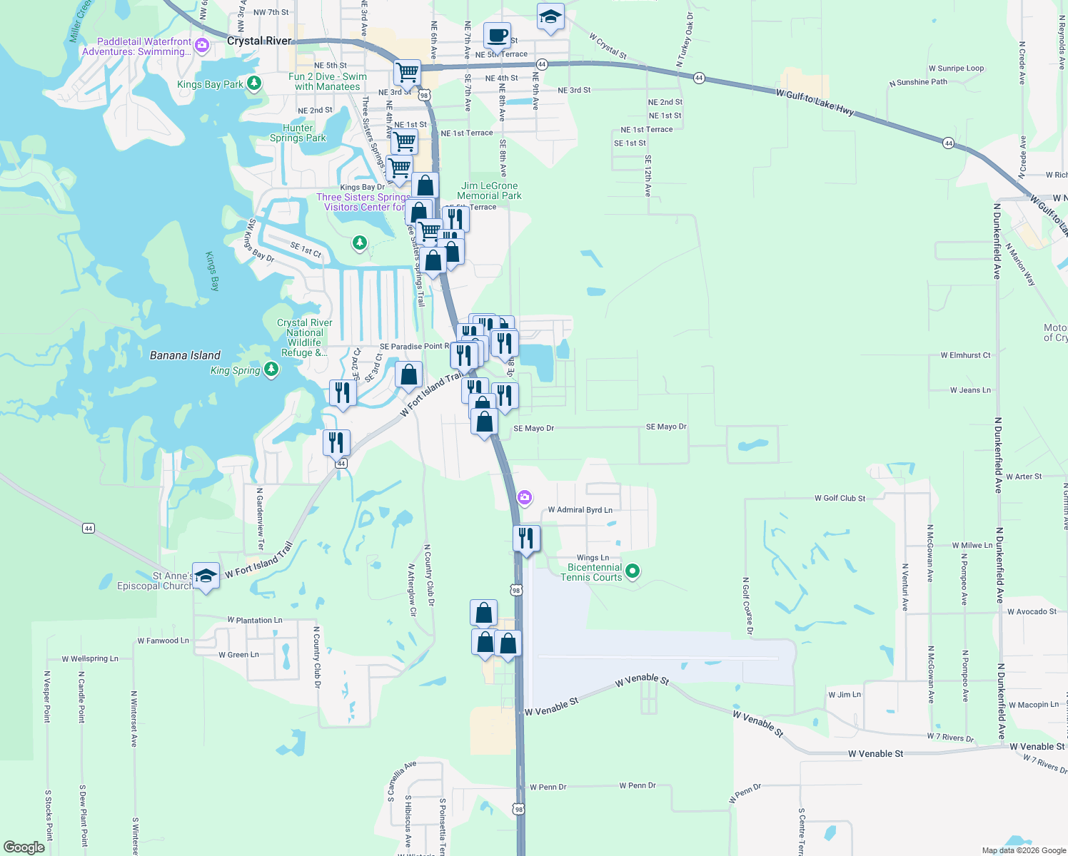 map of restaurants, bars, coffee shops, grocery stores, and more near 805 Southeast Mayo Drive in Crystal River