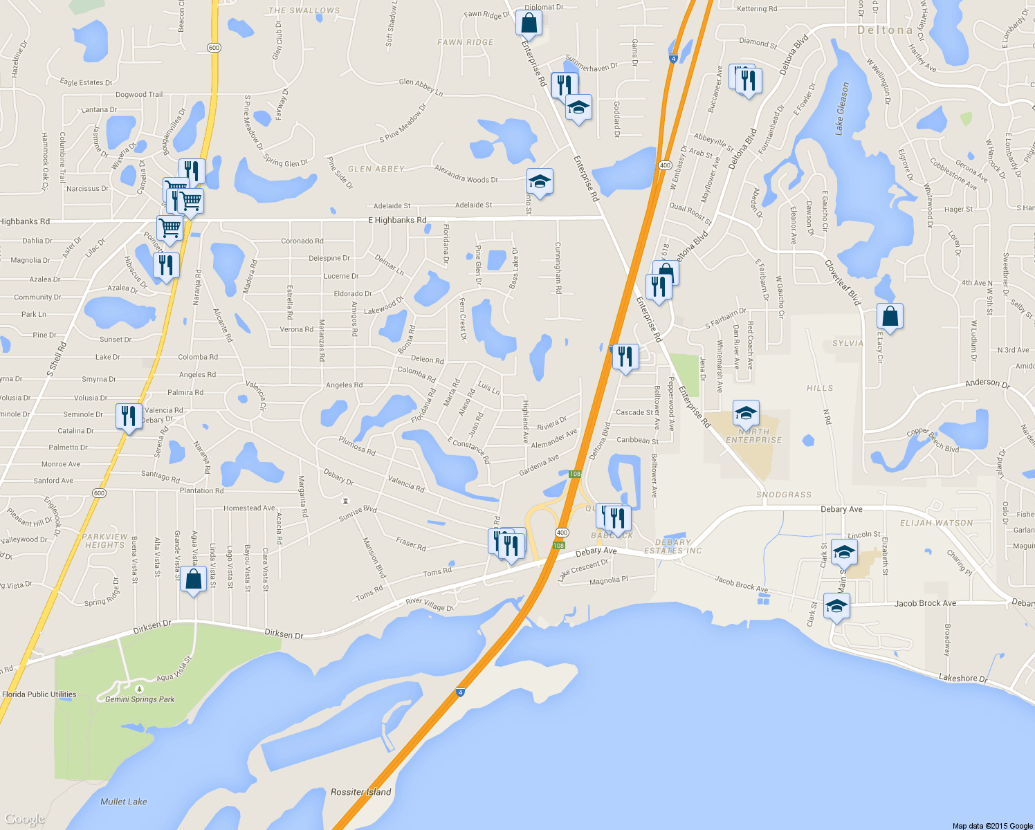 map of restaurants, bars, coffee shops, grocery stores, and more near 315 Colomba Road in DeBary