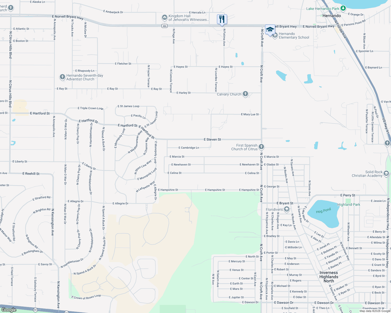 map of restaurants, bars, coffee shops, grocery stores, and more near 2245 East Marcia Street in Inverness